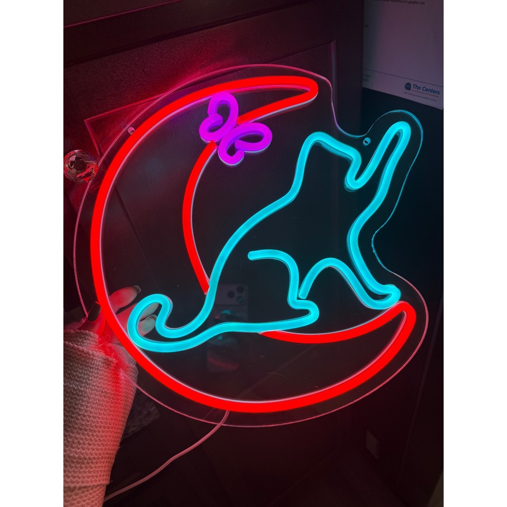 Handmade LED Neon Sign Cat on Moon Butterfly Wall Decor Blue Red Purple Light
